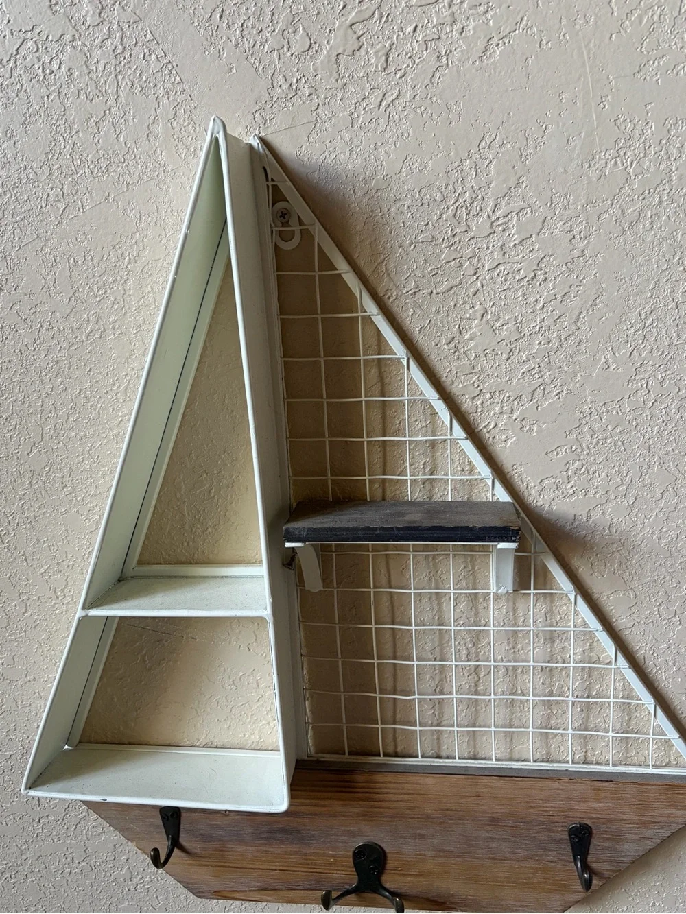 Sailboat Wall Shelf with Hooks in White and Wood (Dimensions 20”x19”x21”)